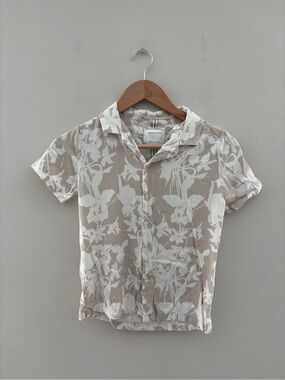 Cactus Boys Linen Blend Floral Button Up Shirt Size 11/12 Beige Tropical Shirt